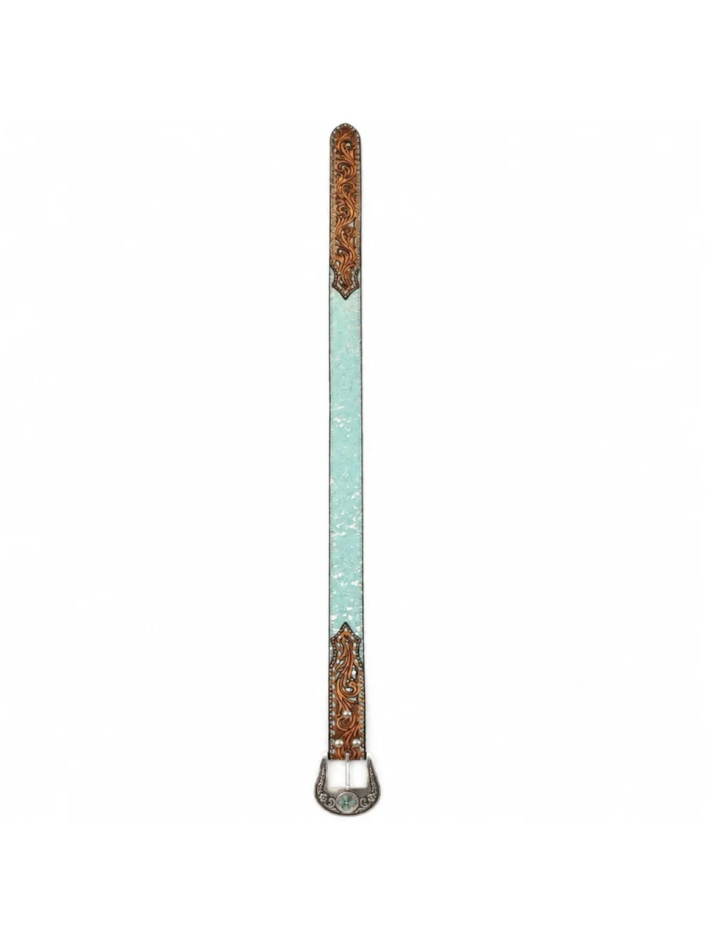 Angel Ranch Genuine Leather Belt Turquoise Silver Tone Hair On Western Buckle M
